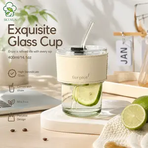 Exquisite Simple Glass Cup with lid and Straw Office Home Drinking Glasses Juice Cup Tea Mug Milk Cups ice Coffee Cup 400ml/14.1oz Practical,summervibes Drinkware Tumblers