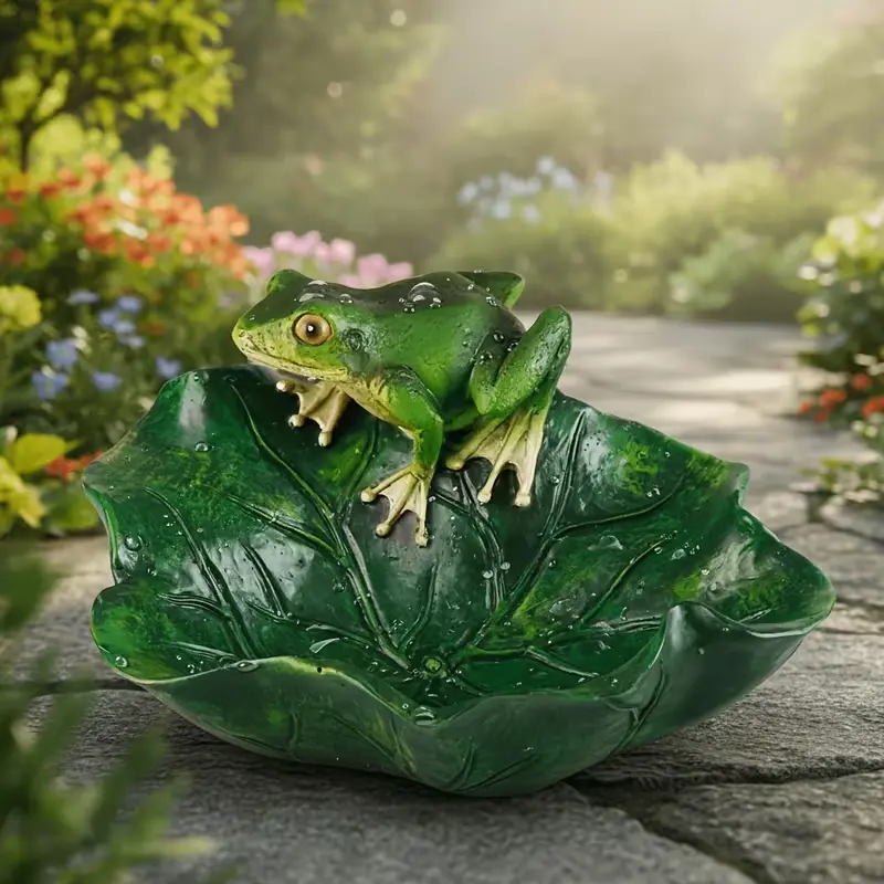 Garden Decorative Frog Statue on Leaf Base for Outdoor Landscaping Enhancements