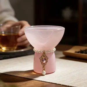 Pink Glass Tea Cup with Pearl Charm Handmade Glazed Gongfu Tea Tasting Cup Chinese Tea Set