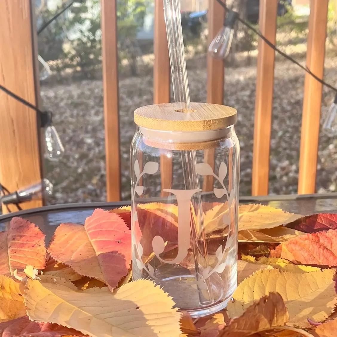 Monogram 16oz Can Glass Tumbler with Lid and Straw - Personalized - Gift - Etched - Handmade