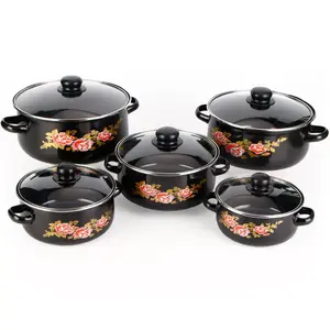 5Pcs Black Enamel Casserole Set with Glass Lid, Rose Pattern Non-Stick Cooking Pot Set for Kitchen