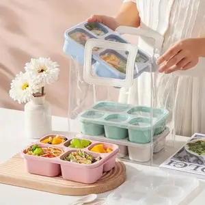 Microwave-Safe Bento Box Set, 5 Compartment Stackable Design, Pastel Colors, Durable Plastic, Ideal for School & Travel Use