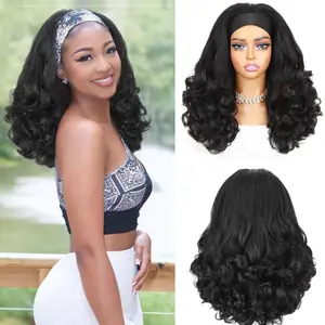 Black Yaki Loose Curly Headband Wig | Glueless Synthetic Hair Wig | Ice Silk Band Natural Bouncy Curl Wig for Women