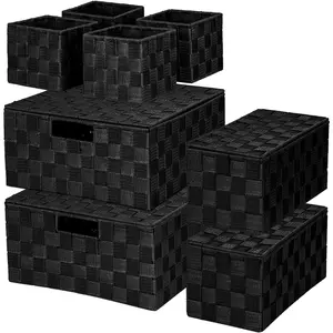Woven Storage Box Basket Bin Container, Storage Baskets Organizing Bins Small Woven Basket Cube Organizer Divider for Closet, Shelf, Dresser, Drawer, Bedroom, Kitchen, Pantry, Set of 8, Black