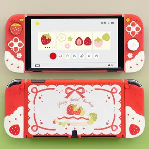 BY-X Protective Case for Switch OLED - Separable Soft Silicone Shell with 2 Thumb Grip Caps, Strawberries with Cream Design