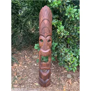 Hand Carved Hawaiian Style Headdress  Tiki Totem Wooden Mask 39"x 6"in