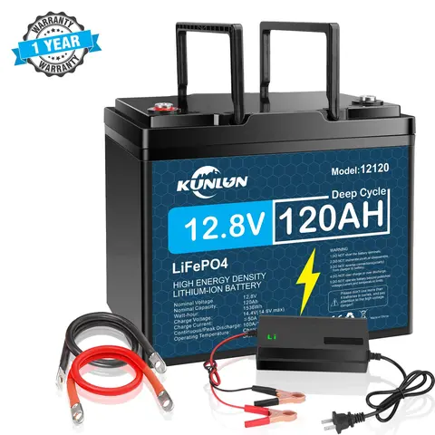 KUNLUN 12V 120Ah LiFePO4 Emergency Solar Replacement Battery - 12.8V 1536Wh, 14.4V~14.6V, Built-in 100A Smart BMS with Over-Charge Protection, 5000+ Deep Cycles, 10-Year Service Life, 4S/4P Expandable Compact Off-Grid Supplies for Solar, RVs