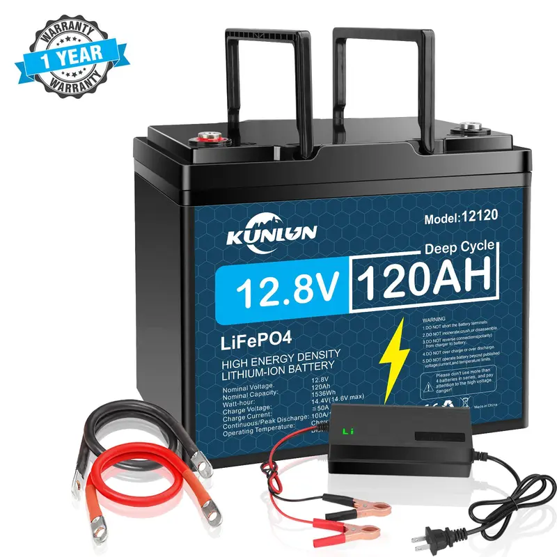 KUNLUN 12V 120Ah LiFePO4 Emergency Solar Replacement Battery - 12.8V 1536Wh, 14.4V~14.6V, Built-in 100A Smart BMS with Over-Charge Protection, 5000+ Deep Cycles, 10-Year Service Life, 4S/4P Expandable Compact Off-Grid Supplies for Solar, RVs