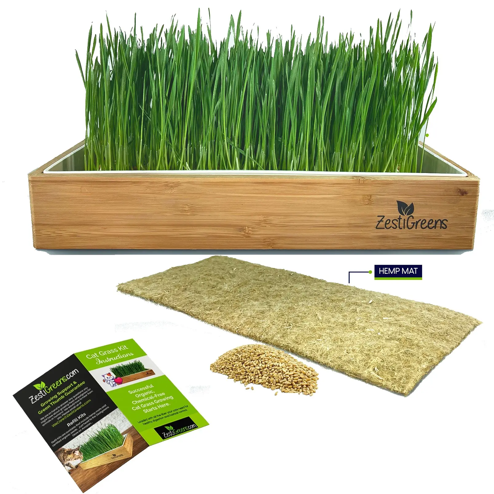 ZESTIGREENS Self-Watering Cat Grass Kit - 12in x 6in Large Crop Tabletop Rectangle No Soil Needed Germination Tray, Bamboo Frame, USDA Organic No GMO Wheatgrass Seeds, Easy Growth, Refill Packs Compatible Indoor Pet Grass Grower (1 Kit, Assembly Required)