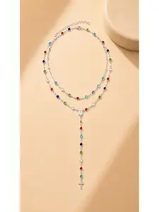 Women's Boho Chic Double Layered Silver Tone Lariat Necklace Colorful Crystal Y-Drop Pendant Jewelry for Women Vintage Delicate Stackable Chain for Daily Wear Beach Vacation Party Birthday Holiday Gift Ideas