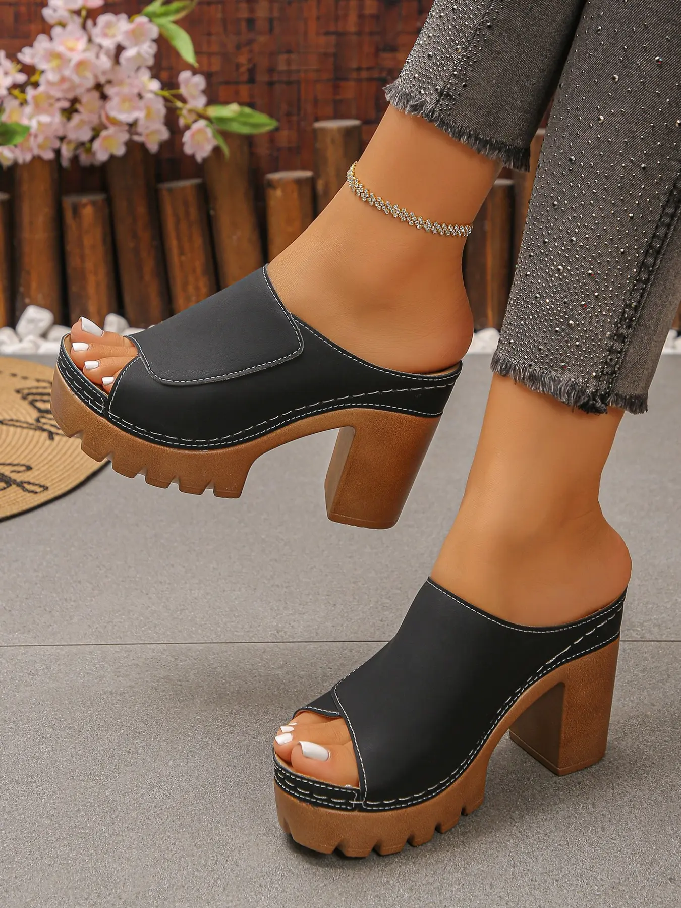 Vintage Fish Mouth Thick Heel Casual Platform Elevated Fashionable Sandals for Women, Summer Outdoor Wear, Waterproof Platform High Heels, Comfortable Mules