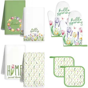 8 Pcs Tulip Floral Spring Style Kitchen Towels Oven Mitts Pot Holders Sets 4 Dish Towels 2 Absorbent Square Potholders 2 Heat Resistant Glove for Cooking Baking Home Mother’s Day Gifting
