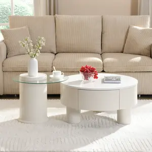 Round Nesting Coffee Table Set of 2, Coffee Table with Storage Drawer, Plastic Center Table for Living Room, Large: 27.56", Small: 19.69''