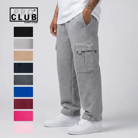 Pro Club Men's Heavyweight Fleece Cargo Pants - Menswear 6-Pocket Carry Basic Activewear, Mid-Waist, Oversize Baggy Loose Relaxed Fit, Elastic Cotton Blend Fabric, Plain Design, Drawstring Hem, All-Seasons Casual Street Utility Bottoms