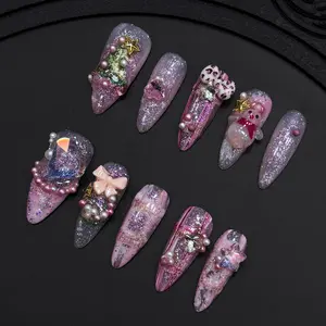 【Buy1Get7】24Pcs Christmas Press on Nails - All Different Shape Fake Nails with Glue - Fit All Size-Cute Green Monster with Red Green Glitter - Full Cover Stick on Nails for Women Girls