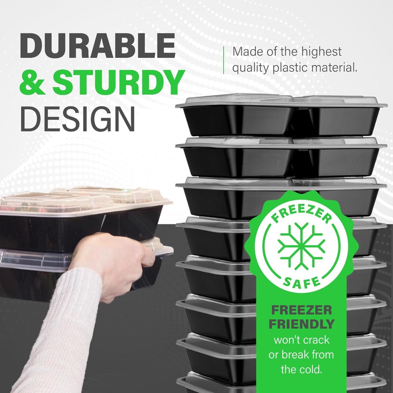 [20 Pack] 32oz 3 Compartment Meal Containers with Lids - Bento Box - Plastic - Stackable, Reusable, Microwaveable & Dishwasher Safe Set Tableware