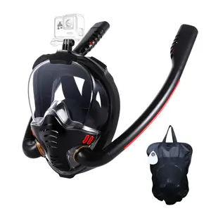 BOKEFA Full Face Snorkel Mask with 180° Panoramic View, Dual Tubes, Camera Mount & Air Pump - Adult Swimming Gear, PC Material, Black (Cameras Not Included), Diving Gear