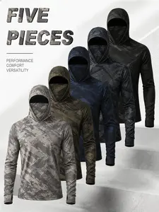 5-Pack Men’s Camouflage Balaclava Hooded Long-Sleeve Shirts, UPF Sun Protection Tactical Athletic Tops with Face Mask and Thumb Holes