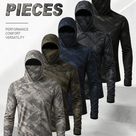 Men’s 5-Pack Camo Balaclava Hooded Long-Sleeve Sports Tops - Hunt Gear with UPF Sun Protection, Stretch Fabric, Full-Face Hood, Thumb Holes, Wind Resistance, Dust Protection, Secure Cuffs, Ideal for Paintball, Running, Climbing, Training,outdoorfun