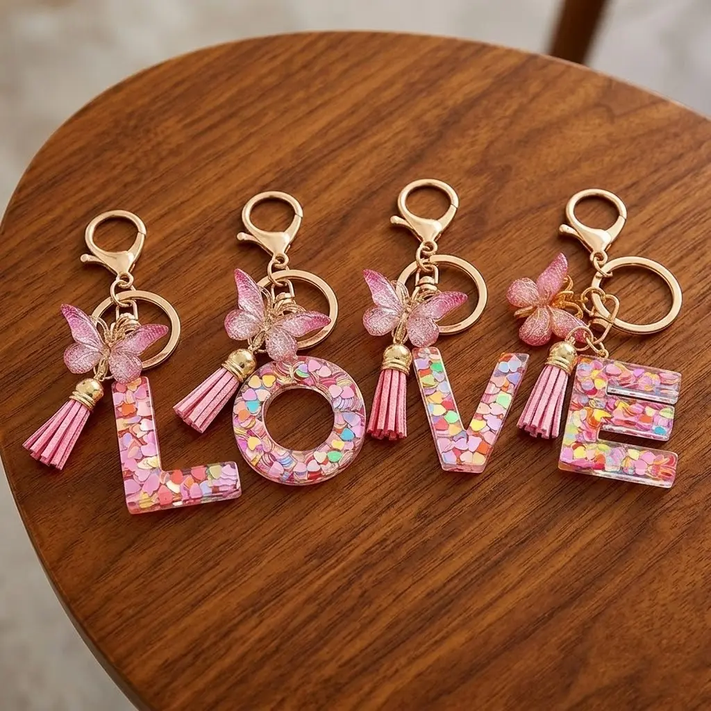 Pink Glitter Resin Letter Keychain, Kawaii Accessories for Bags and Keys with Butterfly Tassel, Custom Initial Charm, Birthday Gifts Idea for Girls, Keychains