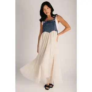 The Hellen Denim Overall Dress in Denim + Cream