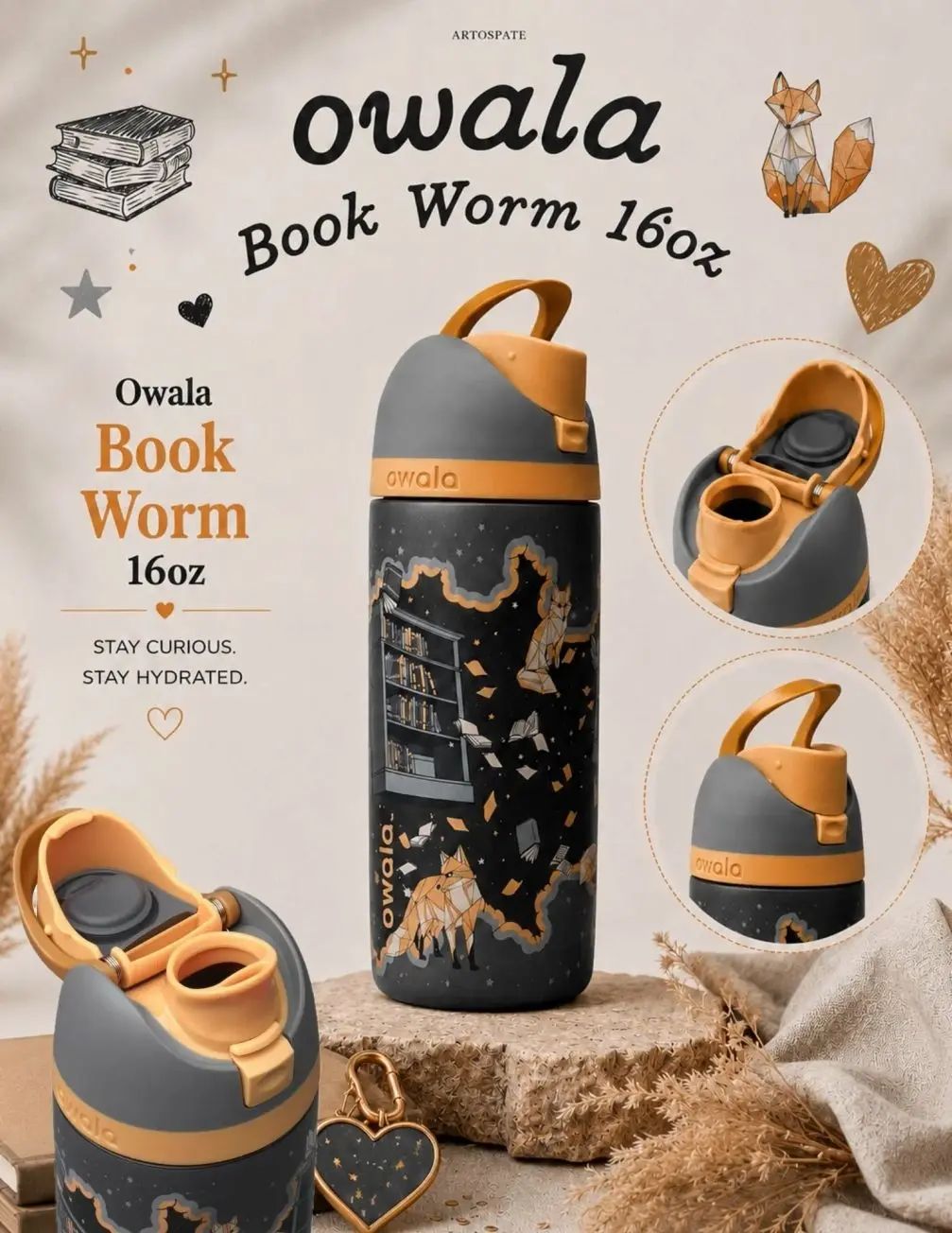 [BACK TO SCHOOL] Owala Book Worm 16oz FreeSip Water Bottle | Book Club Collection Back-to-School Insulated Stainless Steel Bottle for Kids, Students, Reading Time & Lunch Bags MJ