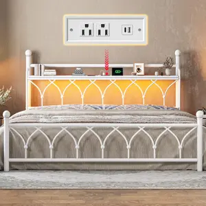 [RaybeeBrandyDay]Raybee King Metal Bed Frame with Victorian Headboard & Storage Shelf, NO MATTRESS, Vintage Iron Queen Size Platform Bed Frame with LED Lights and Power Outlets, Steel Slats Support,Noise-Free, White, Black [BlackFridayCyberMonday]