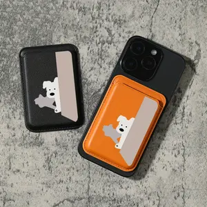 Premium white dog pattern magnetic card holder wallet accessory for iPhone 16/15/14/13/12 Pro Max - credit card compartment, slide-in pocket, lining, coat shape.