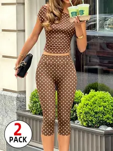TikTok Trending 2-Piece Women's Y2K Polka Dot Outfit, Off Shoulder Short Sleeve Crop Top & High Waist Capri Leggings Set, Lightweight Slim Fit Activewear, Retro 90s Style for Music Festival & Daily Casual Wear