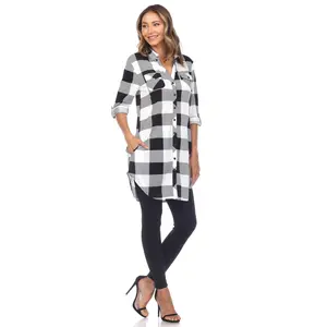 White Mark Women's Buffalo Plaid Long Sleeve Tunic Shirt Top Extended Sizes