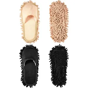 2 Pairs Microfiber Cleaning Mop Slippers for Floor Cleaning House Mop Shoes Men and Women Washable Unisex Dusting Slippers Dirt Cleaning Tool Supplies (Black, Beige, Medium)