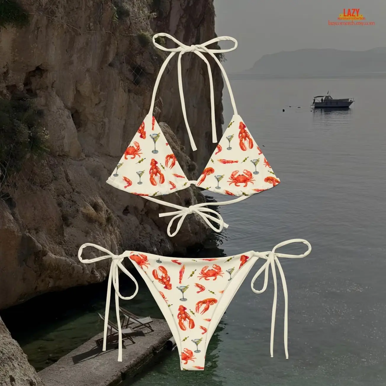Seafood and Martini Theme String Tie Bikini Set, Seafood Core Bikini Set, Lobster Crab and Shrimp Design Bikini Set SR0