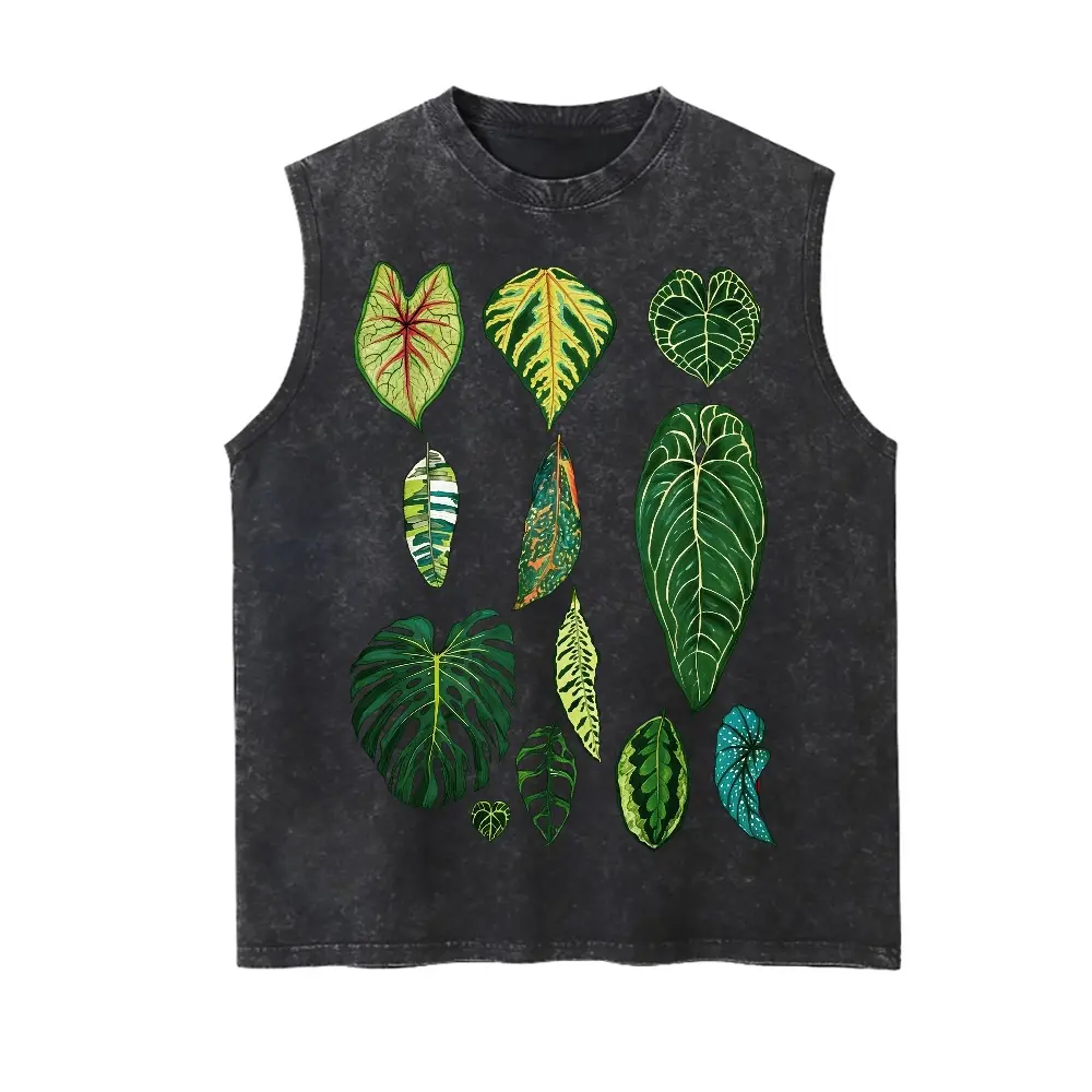 Men's Tropical Houseplant Leaves Print Tank Top - Vintage Washed Sleeveless Soft Fabric Tee, Botanical Aesthetic Drape Piece, Monstera Anthurium Plant Lover Graphic Shirt Gift for Plant Parents