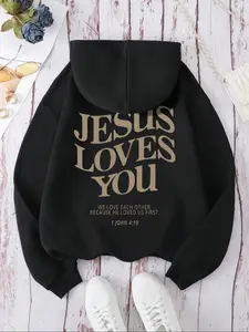 Christian Faith Aesthetic Oversized Graphic Hoodie – ‘Jesus Loves You’ Bible Verse Print Cotton Sweatshirt | TikTok Viral Faith-Based Casual Daily Wear Hooded Top, Trendy Oversize Loungewear/Church Outfit for Spiritual Fashion Enthusiasts, Comfortable Rel