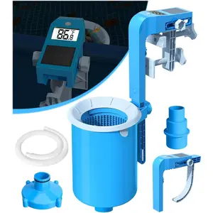 Above Ground Pool Skimmer with Solar Digital Thermometer Wall Mount Surface Skimmer - Auto Skimming Pool Floating Debris 2 Upgraded Bracket More Stable & Height Adjustable