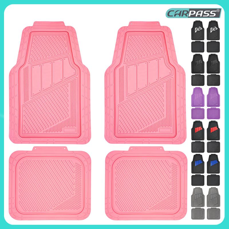CAR PASS 4pcs Heavy Duty Rubber Floor Mats Pink 4-Piece Car Mat Set Universal Waterproof for SUV Truck Durable All-Weather Mats for Car Women Girly