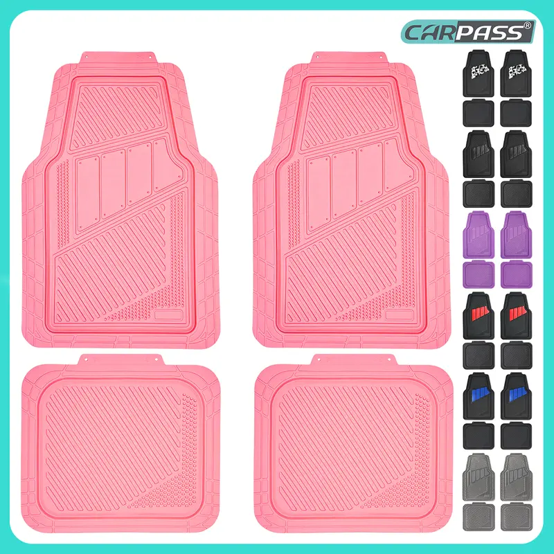 CAR PASS 4pcs Heavy Duty Rubber Floor Mats Pink 4-Piece Car Mat Set Universal Waterproof for SUV Truck Durable All-Weather Mats for Car Women Girly