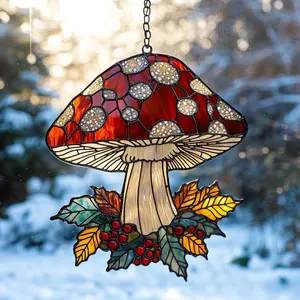 Mushroom and Crescent Moon Suncatcher, Faux Stained Glass Window Hanging, Cottagecore Fall or Christmas Home Decor Gift
