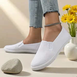 Women's All-White Canvas Slip-On Loafers |   Seamless Slip-On Design Soft Fabric Upper Textured Non-Slip Sole Lightweight Daily/Outing Minimalist Casual Comfort Shoes