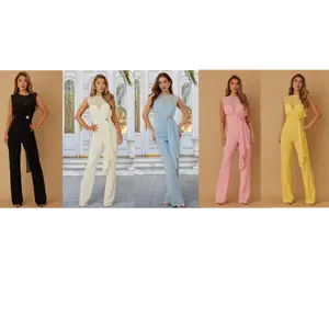 SHEER ELEGANT DRAPED JUMPSUIT - GOLD METAL PIECE DETAIL - NO SLEEVE - ROUND NECKLINE - DRAPED TIE ON WAIST - ZIPPER ON THE BACK