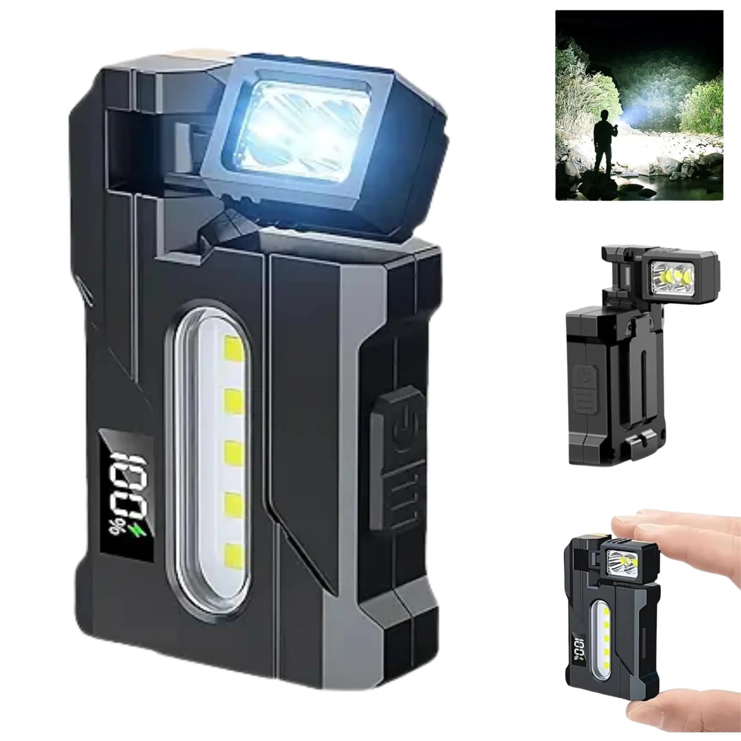 Magnetic Work Light with Clip Design, Rechargeable Emergency Worklight, 7 Lighting Modes, Rotatable Lamp Head, Portable USB Rechargeable Flashlight, Suitable for Repairing, Camping, Hiking and Emergency Lighting