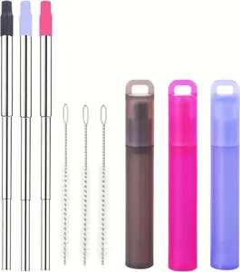 -Metal  Straws, 3 Pack Collapsible Portable Stainless Steel Drinking Straw Travel Telescopic Straw with Case