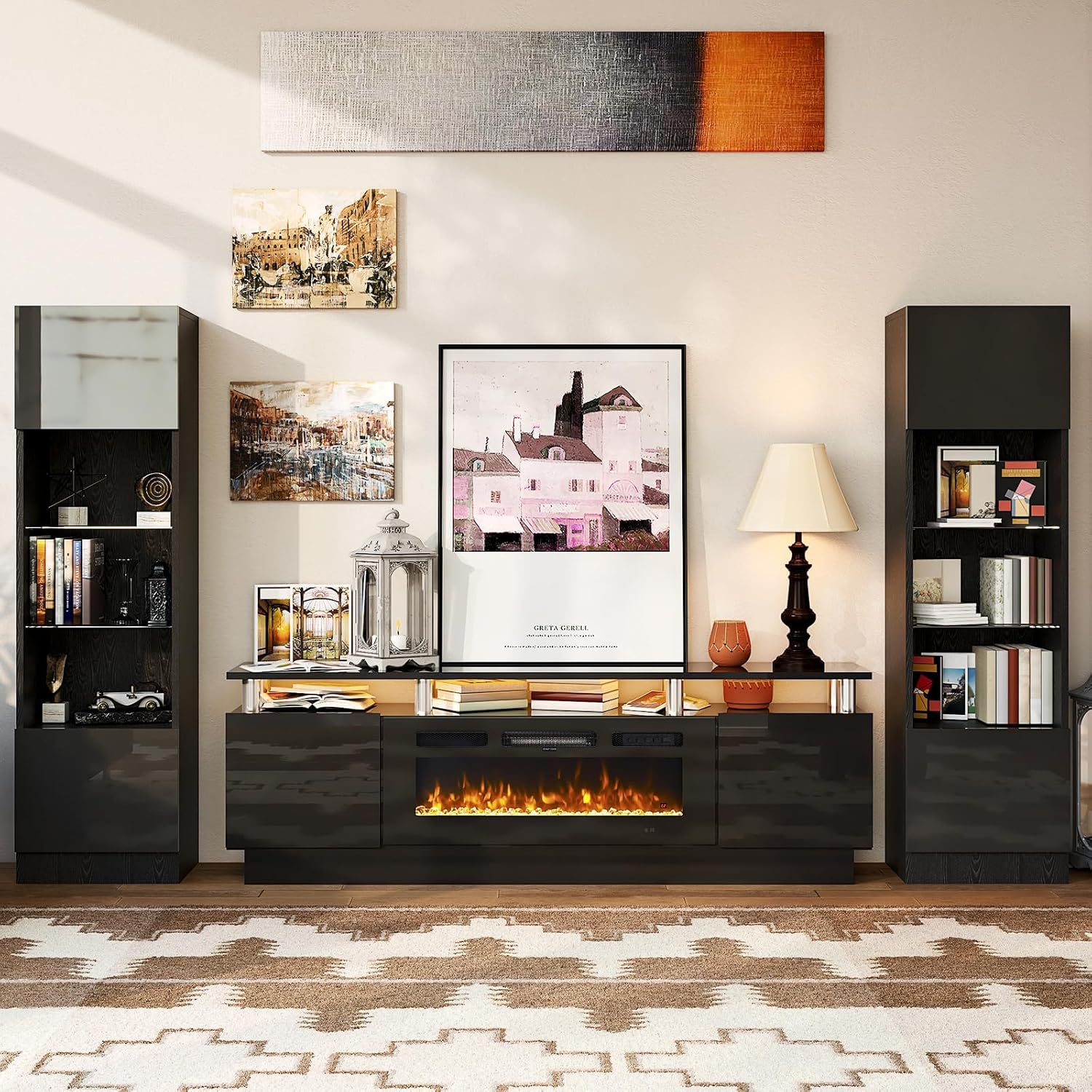 【Ships in 2 Packages】Aoxun Modern 70" Fireplace TV Stand for TVs Up to 80" - Media Console with Storage, Black Entertainment Center for Living Room mirror coffee table square fabric led-lit Rectangular Glass