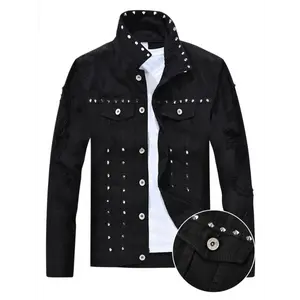 Men's Punk Style Distressed Denim Jacket With Rivets, Button- Trucker Jean Coat, Long Sleeves, Casual Fit - Cotton Blend, Edgy Outerwear | Studded Casual Jacket | Durable Fabric Jacket