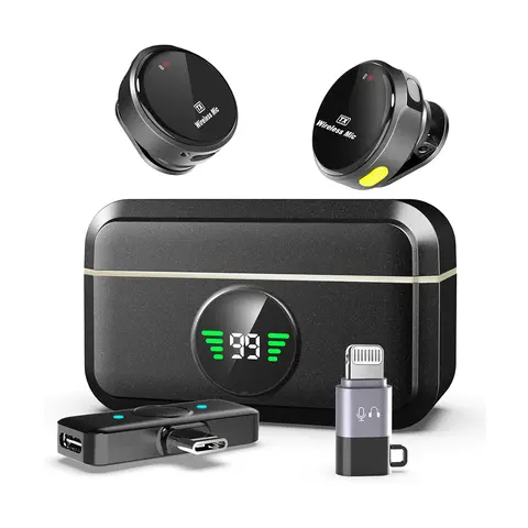 Black Portable Wireless Lavalier Microphone - Noise Reduction Audio Recording Device with Charging Case, Magnetic Lanyard, Clip-On Lapel Receiver, USB-C Plug-and-Play Wearable Live Podcast & Vlogging Equipment for Smartphones (iPhone, iPad, Android)