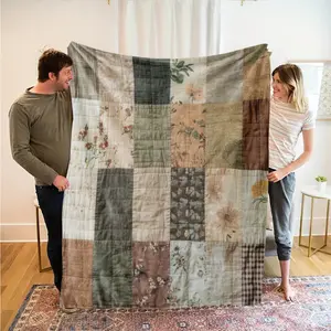 Vintage Floral Patchwork Flannel Blanket, Soft Plush Throw for Sofa Bed Camping Travel Office, Home Decor Gift