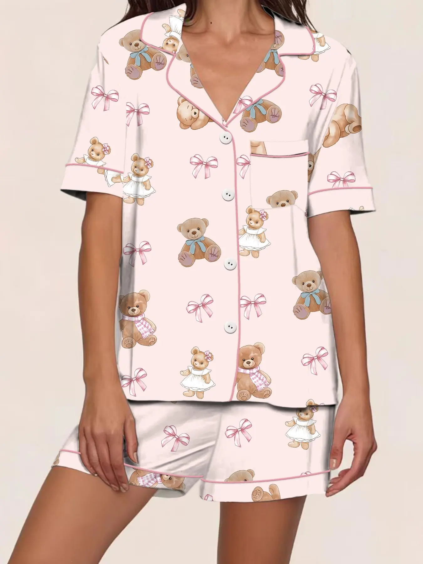 Spring Summer Women's Sleepwear Loungewear Set, Open Front Lapel Short Sleeve Shorts, Cute Teddy Bear & Bow Design, Casual Home Wear Pajama