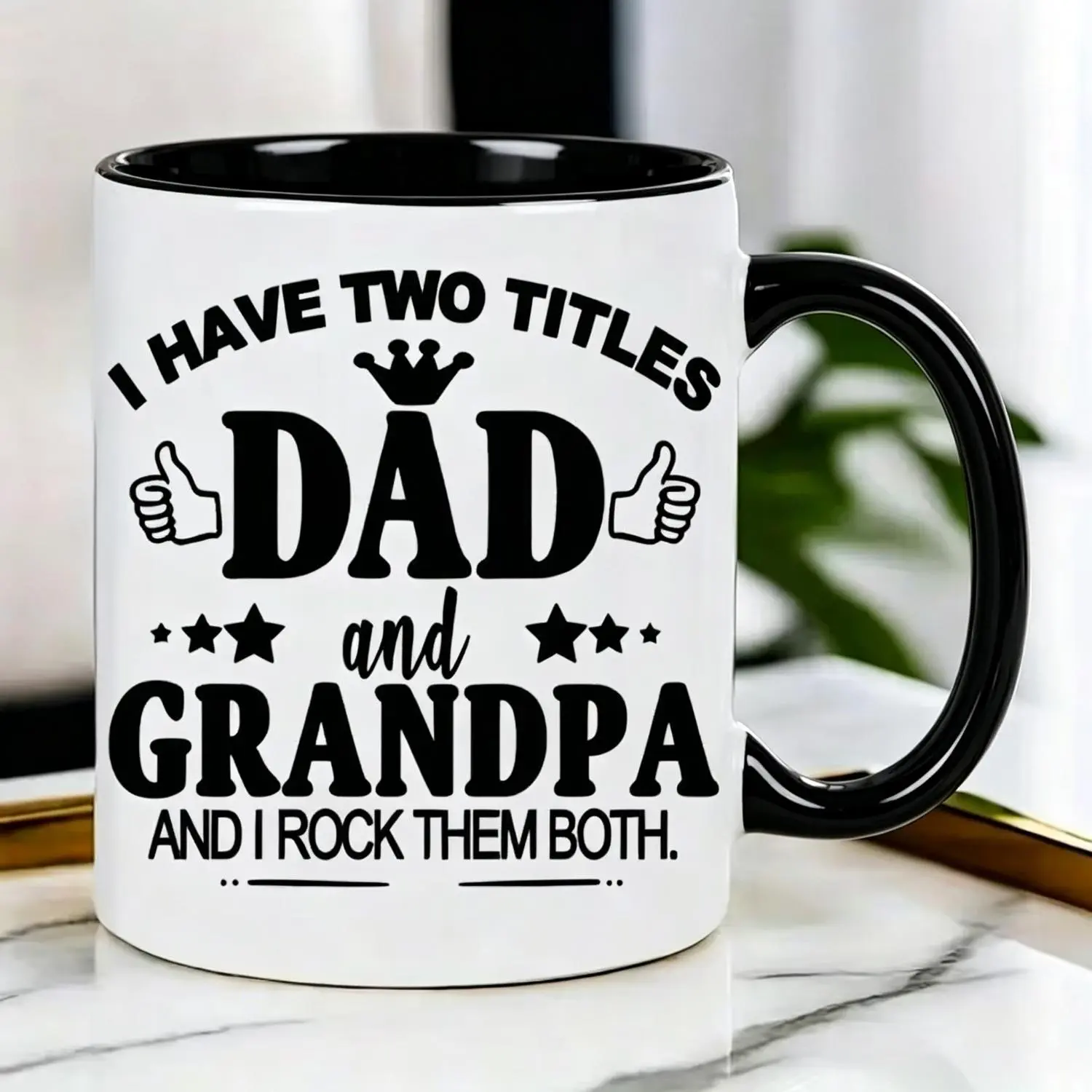"To Grandma/ Grandpa"Gift, Best Gift, Anniversary Gift, Dad & Grandpa Ceramic Coffee Mug - "I Have Two Titles Dad and Grandpa" Design with Thumbs-Up & Stars - Reusable Insulated Travel Cup