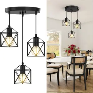 3-Light Pendant Lighting Fixture,(Bulb Not Included), Farmhouse Hanging Light Fixture for Kitchen, Living Room, Industrial Vintage Ceiling Lamp with E26 Base, Adjustable Height, Matte Black