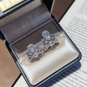 Pear Cut 2-4CT Moissanite Ring Set, S925 Sterling Silver, Leaf & Vine Halo Engagement Wedding Ring for Women, Luxury Bridal Jewelry, 5CT/6CT Style Solitaire, Elegant Birthday & Holiday Gift